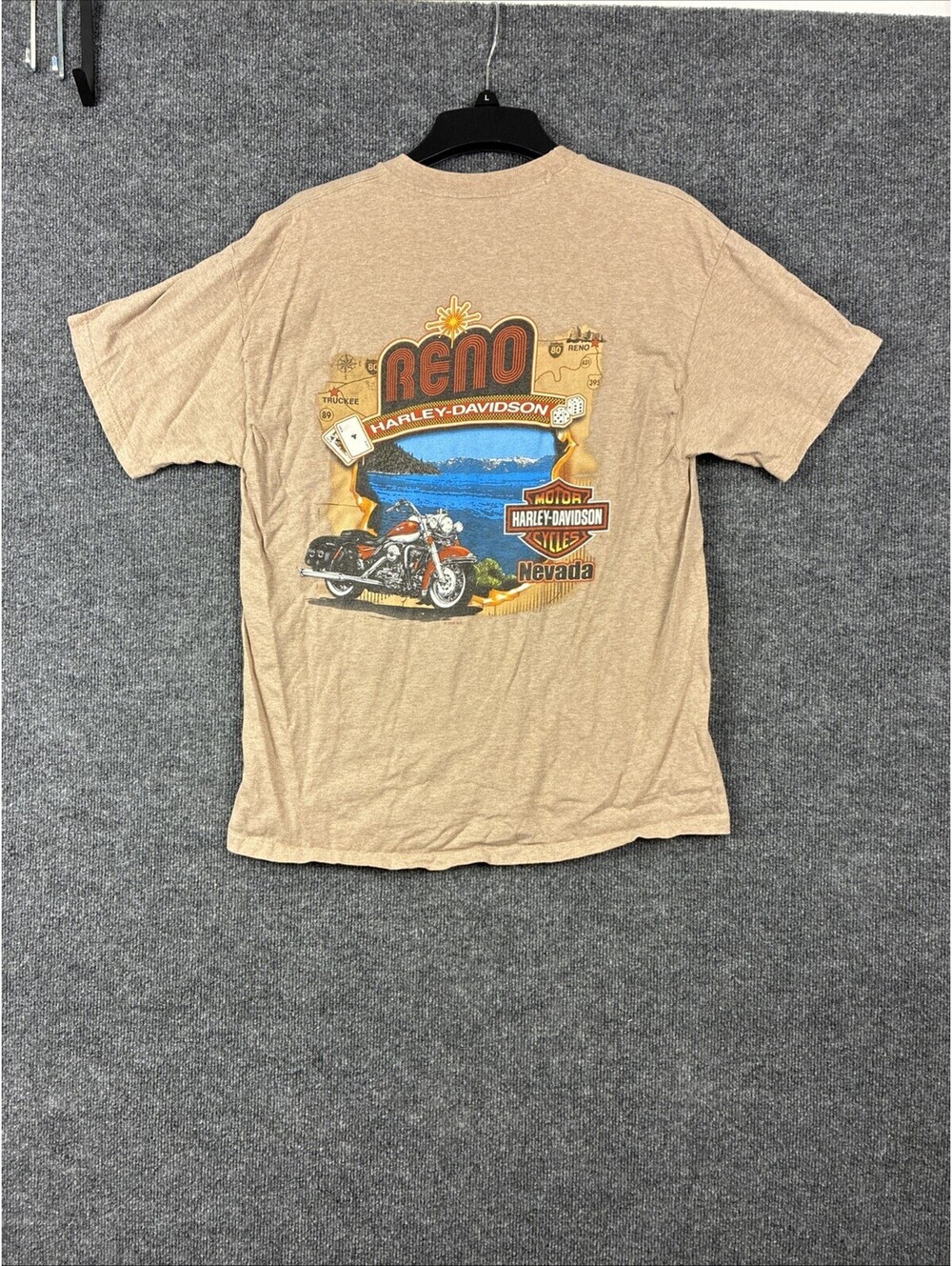 Harley Davidson Men Large Beige Tan Reno Nevada S/S Crew Neck Shirt Vintage 2006